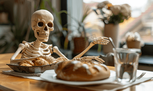 万圣节食摄影照片_骷髅和面包店喜欢吃到死