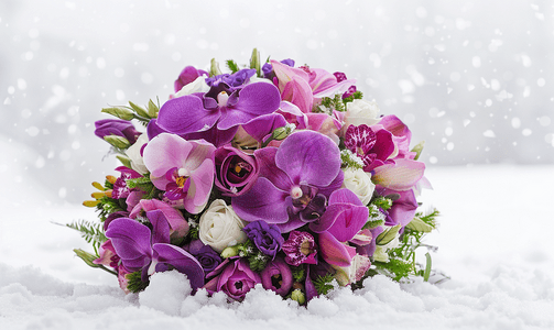 美丽的冬季新娘花束配有兰花和紫罗兰色洋桔梗小苍兰
