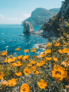 背景为意大利卡普里岛海岸的黄色花朵