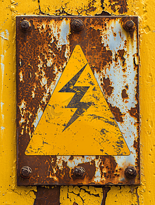 闪电箭头标志摄影照片_关于危险和高压的旧生锈警告以闪电黄色背景形式出现