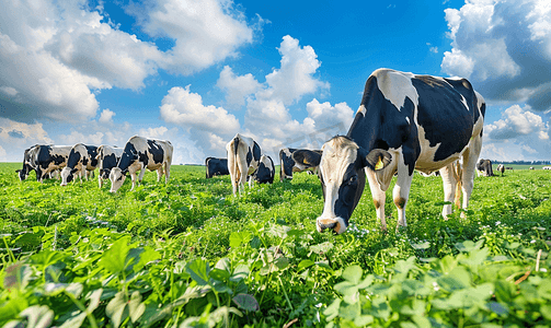 蓝天下的牛群在牧场上吃草