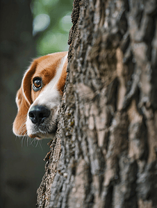 躲在树后面的小猎犬