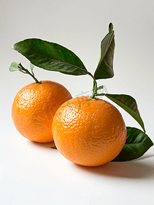 美味多汁摄影照片_全橙色两个橙子绿叶孤立在白色背景上