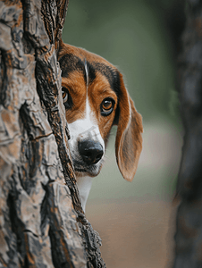 躲在树后面的小猎犬