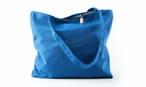 蓝色购物摄影照片_蓝色织物袋带拉链白色隔离带剪裁路径
