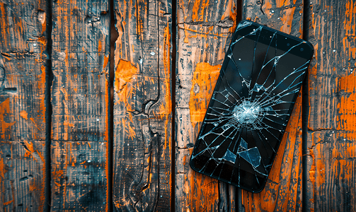 液晶限时摄影照片_木质背景上手机屏幕碎玻璃