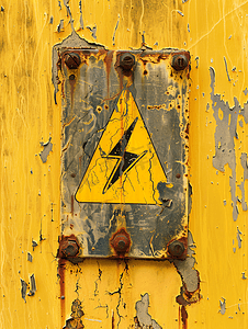 闪电箭头标志摄影照片_关于危险和高压的旧生锈警告以闪电黄色背景形式出现