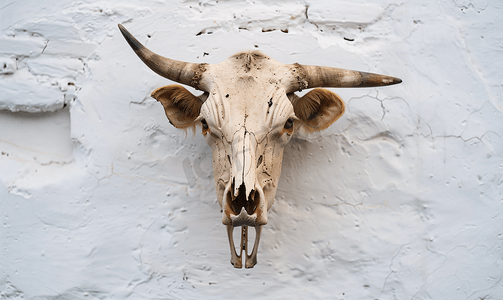 西双版纳森林公园摄影照片_挂在墙上的头骨牛