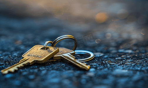 房子黄铜钥匙和方形钥匙扣环