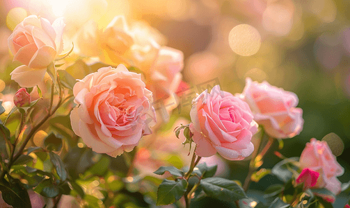 粉红玫瑰花盛开花园里光线柔和
