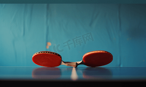 播放键icon摄影照片_乒乓球桌上的两个红色网球拍