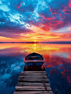 美容美体文化墙摄影照片_湖边令人惊叹的色彩缤纷的日落木码头上有一艘船水平景观