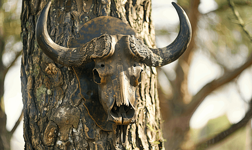 西双版纳森林公园摄影照片_头骨水牛挂在树上