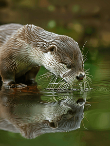 水中动物摄影照片_水獭在水边将胡须浸入水中