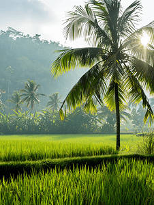 自然景观中美丽的稻田和丛林以及棕榈树