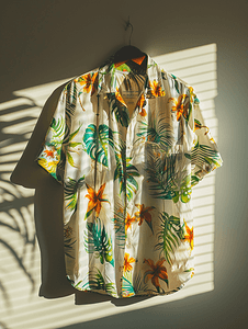 衣架挂着的衣服摄影照片_墙上挂着的夏威夷衬衫