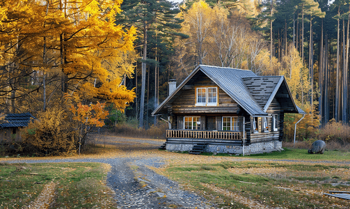 秋季草地摄影照片_秋季森林里的木制一层房子