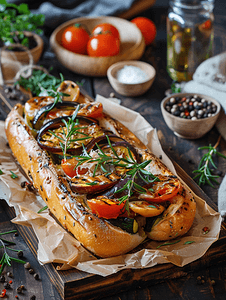 紫薯三明治摄影照片_旧木背景上的大三明治配有烤蔬菜、奶酪和百里香
