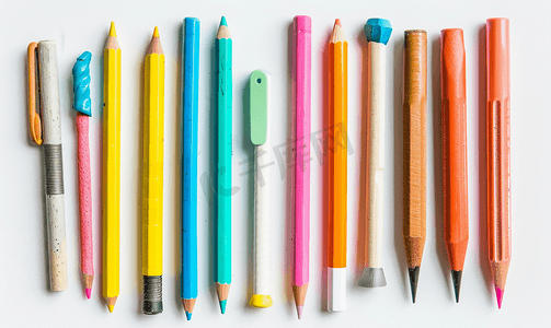 的铅笔摄影照片_白色背景上隔离的一组不同用过的铅笔橡皮