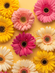 绿色清新花卉摄影照片_粉色和黄色非洲菊