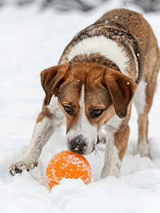 棕色和白色的短毛杂种狗正在雪地上玩橙色橡胶球