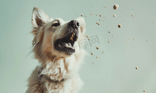 快乐的狗靠近碗里面有颗粒喂养宠物