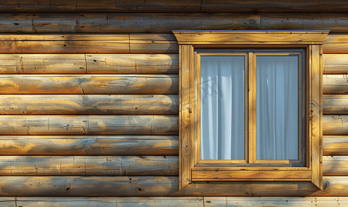 木材墙壁摄影照片_有木木屋窗户的墙壁