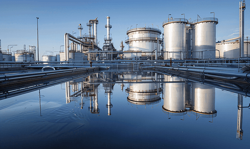 工业蓝色摄影照片_炼油厂基地工业厂房反映水的大型工业油罐