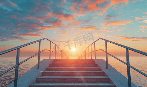 楼梯摄影照片_黎明时分户外带金属栏杆的楼梯通往天空的概念路