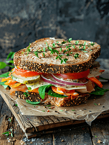 温和的摄影照片_旧木背景上的大三明治配有烤蔬菜、奶酪和百里香