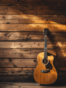 传统古典乐器摄影照片_木墙上的吉他架