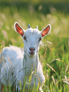 背景绿摄影照片_农场里的一只山羊在绿草上牧场上的山羊
