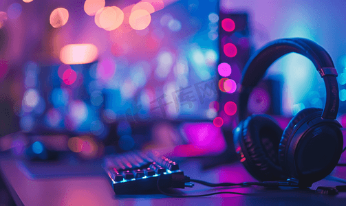 party霓虹灯摄影照片_耳机与电脑玩在线游戏流媒体桌面的背景