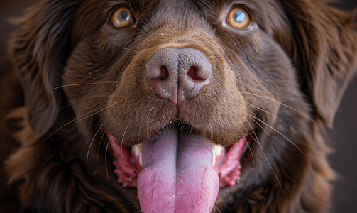 一只棕色纽芬兰犬幼崽伸出的粉色舌头