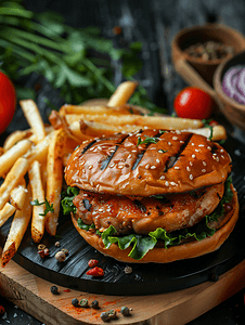 黑色木桌背景上美味的烤鸡汉堡和薯条