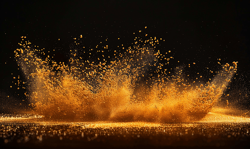 干河沙爆炸黑色背景下的金色沙子飞溅