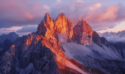 多洛米蒂萨斯隆格山在美妙的夕阳光下