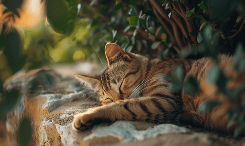 棕色条纹可爱的懒猫正在美好的一天里睡觉