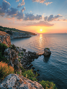 蓝色小时摄影照片_保加利亚瓦尔纳附近黑海沿岸令人惊叹的日出景观蓝色时刻