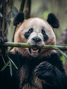 熊猫吃的竹子摄影照片_大熊猫嘴里伸出的竹子
