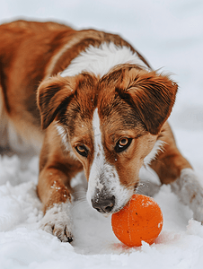逐步提高摄影照片_棕色和白色的短毛杂种狗正在雪地上玩橙色橡胶球