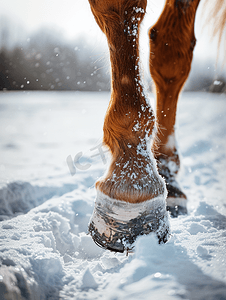 农场冬天摄影照片_雪地上的马蹄细节