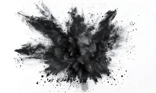 粉末爆炸摄影照片_白色背景下的黑火药爆炸