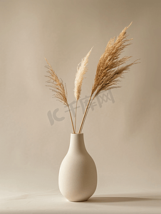 现代简约时尚背景摄影照片_花瓶中的干花北欧花瓶陶瓷米色背景