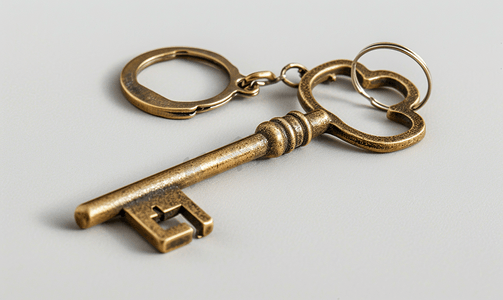 房子黄铜钥匙和方形钥匙扣环