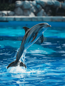 深蓝色峰会背景摄影照片_条纹海豚在深蓝色的大海中跳跃