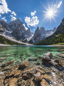 夏季法内斯湖白云岩山脉全景