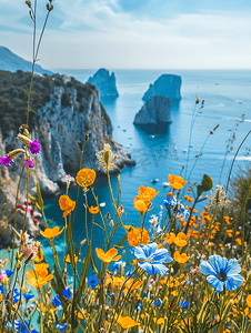 以意大利卡普里岛海岸为背景的鲜花
