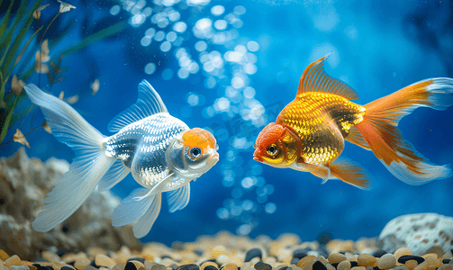 金鱼和白化病患者在蓝色背景的水族馆里