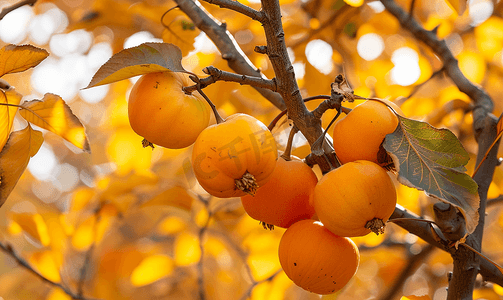 秋天的柿子果树和树叶
